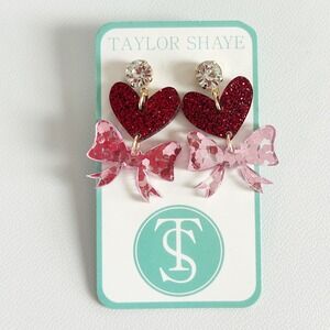 Taylor Shaye Designs Womens Red Heart Pink Glitter Bow Coquette Drop Earrings